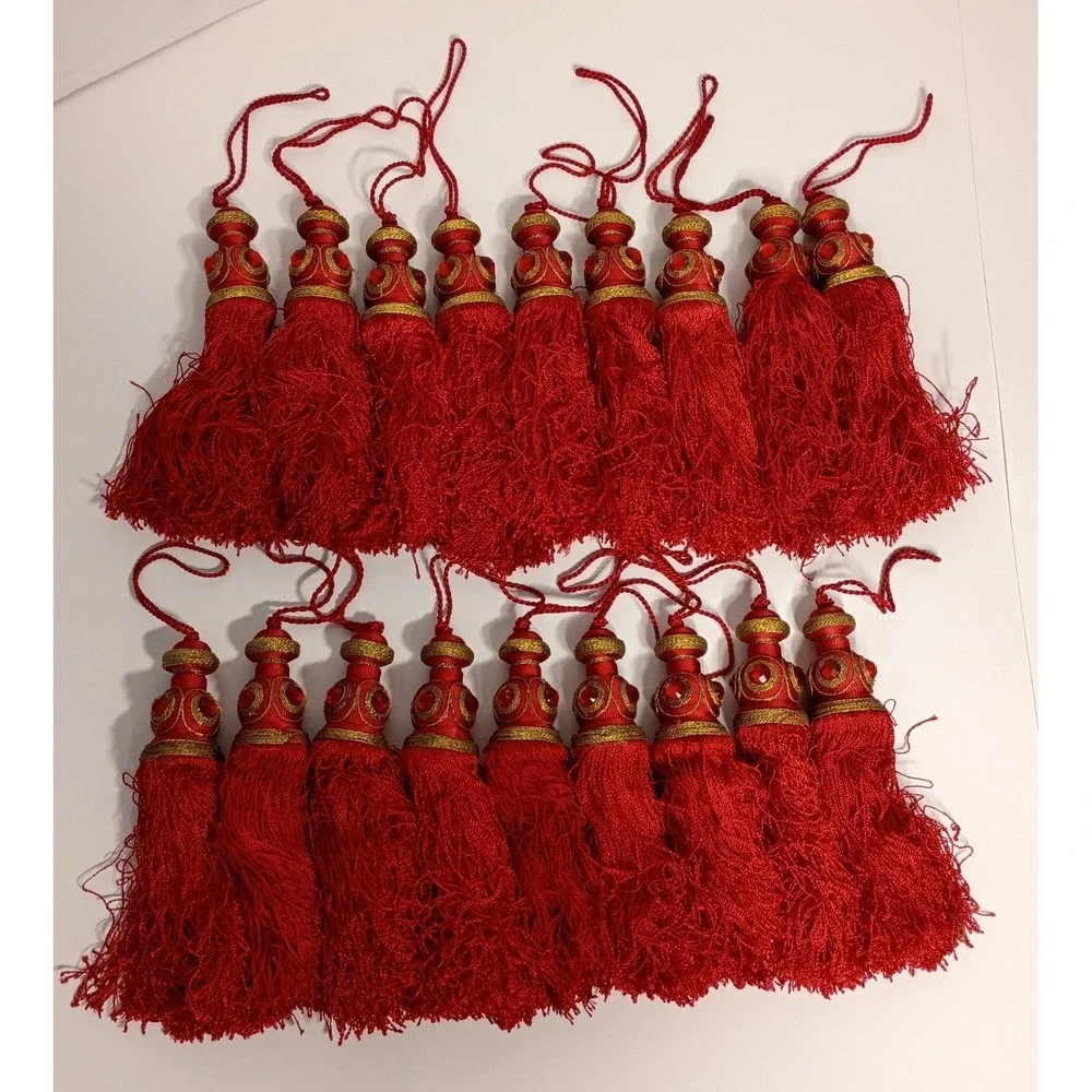 20 Red Gold Jeweled Tassels Christmas Ornaments, Curtain Tassels Bohemian Decor